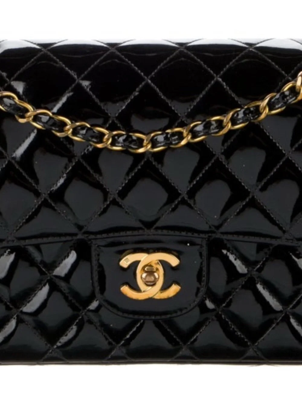 CHANEL Black Patent Quilted Double Flap Shoulder Bag with Gold Hardware